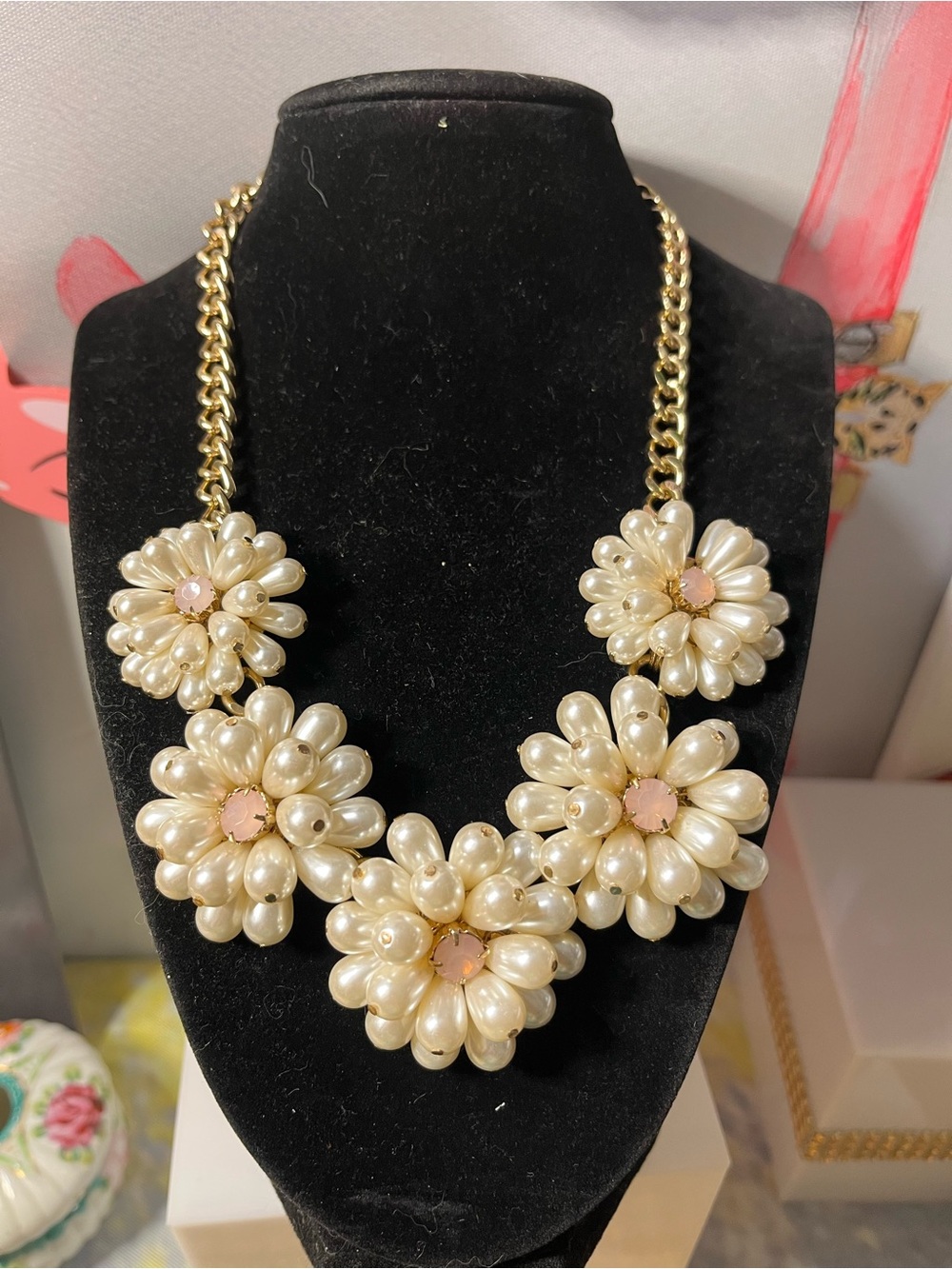 Cream Pearl Floral Necklace with Pink Centers